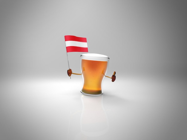 Foto leuk geïllustreerd bierkarakter dat de vlag van oostenrijk houdt