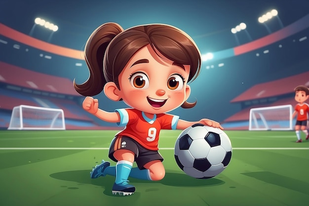 Leuk gelukkig meisje dat voetbal speelt voetbal cartoon platte karakter vector illustratie