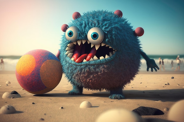 Leuk grappig monster spelen met strandbal op het strand