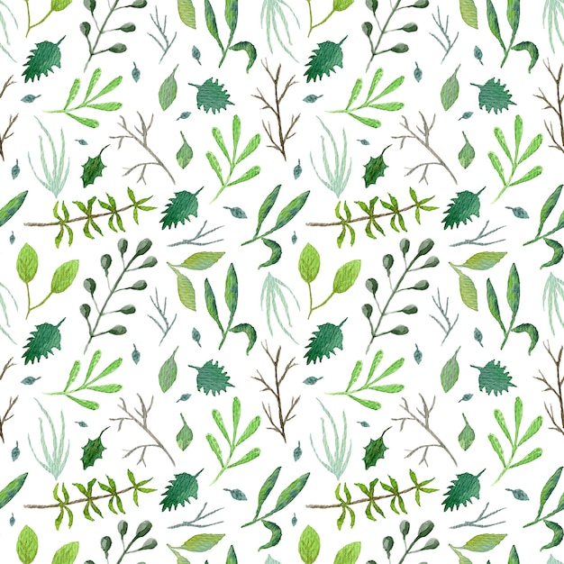 Foto leuk groen naadloos patroon met puinhoop van groene bladeren en takken op witte achtergrond