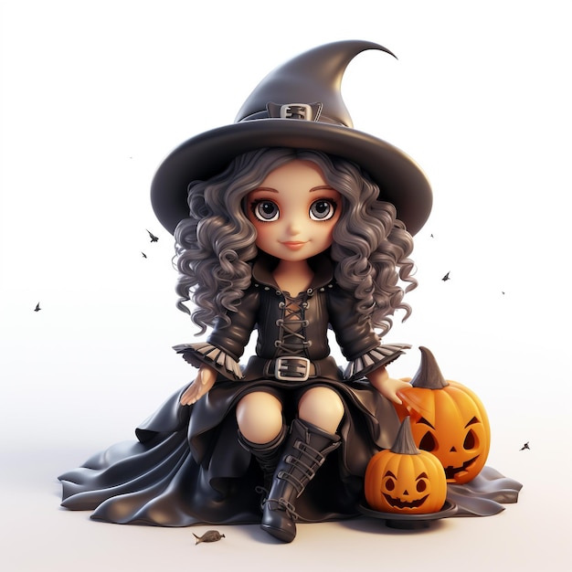 Leuk halloween-karakter van het heksenmeisje met pompoenen 3d op witte achtergrond