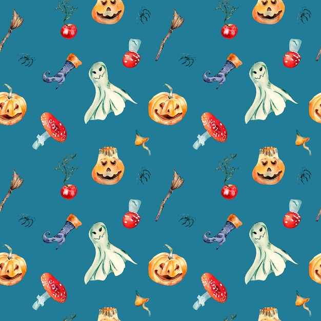 Leuk halloween spook aquarel naadloos patroon geïsoleerd op blauw