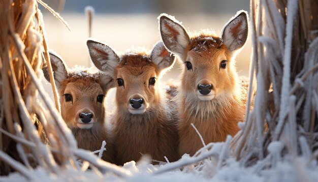 Foto leuk jong hert dat naar de camera kijkt in een besneeuwde weide gegenereerd door ai