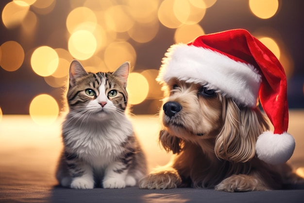 Leuk katje en puppy samen tegen een heldere bokehachtergrond Kerstmis en Nieuwjaar met huisdieren