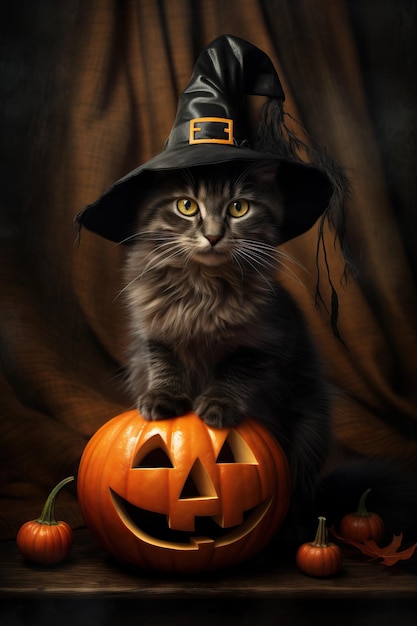 Leuk Katje in een heksenhoed Pompoen voor Halloween