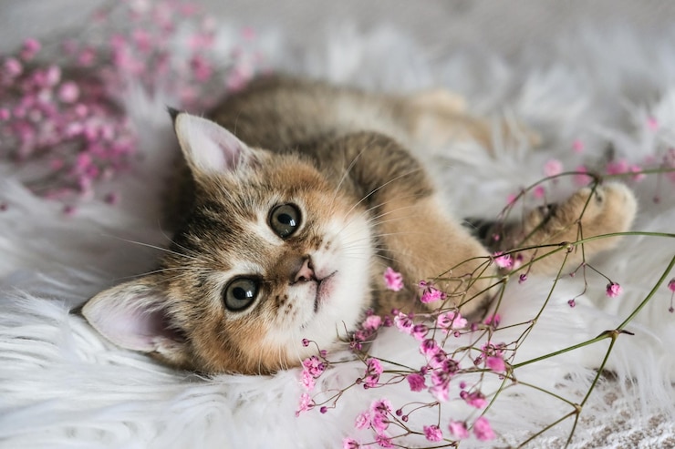 Foto leuk katje van schots recht ras en roze bloemen op een witte plaid