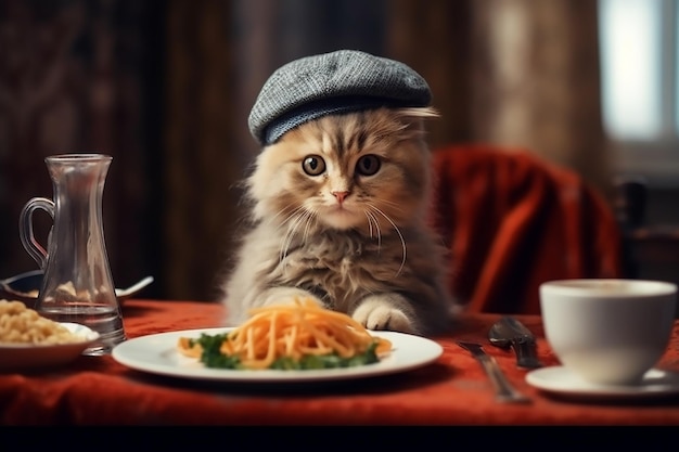 Leuk katje zit in een restaurant met een bord spaghetti Generatieve AI