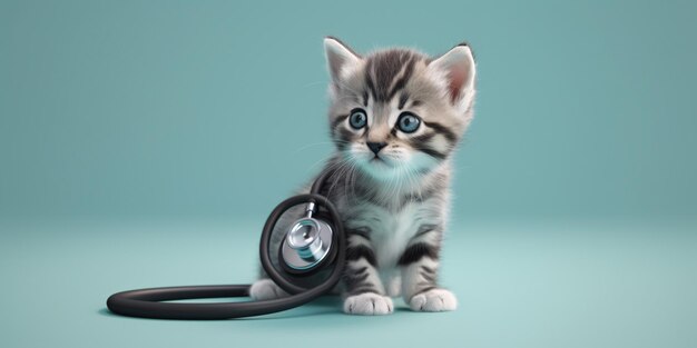 Leuk katje zittend naast een stethoscoop op lichtblauwe achtergrond Gemaakt met generatieve AI-technologie