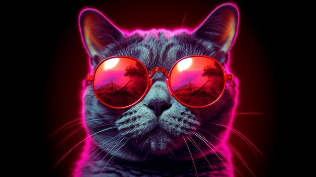 Leuk kattendier met roze zonnebril neon retrospectieve AI gegenereerde kunst