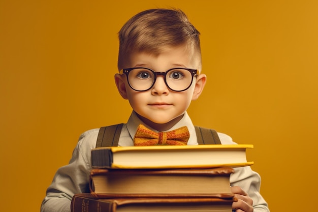 Leuk kind met een bril met boeken klaar om terug te gaan naar school op een gele achtergrond.