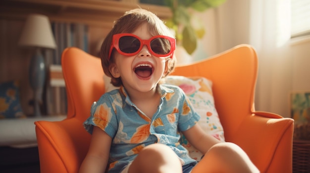 Leuk kind met zonnebril geniet van zomerplezier binnen.
