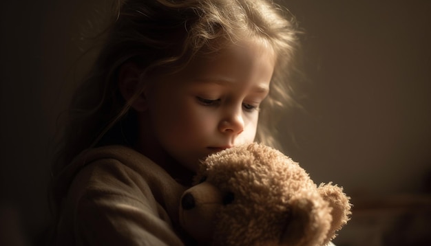 Leuk kind omarmt teddybeer die onschuld en geluk uitstraalt gegenereerd door kunstmatige intelligentie