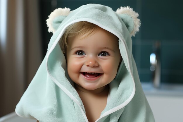 Leuk kindje in een handdoek in de badkamer.