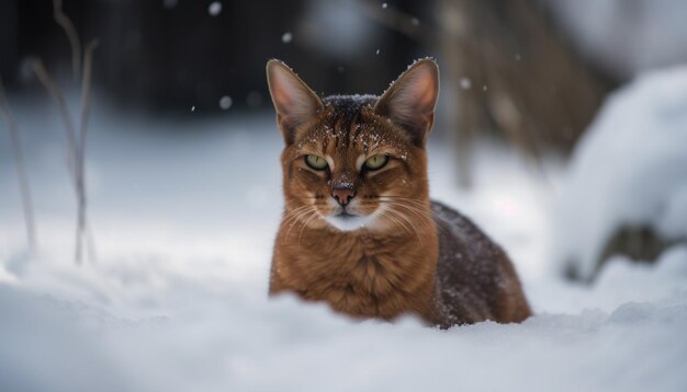 Leuk kitten dat in de sneeuw zit en naar de camera staart met pluizige vacht gegenereerd door kunstmatige intelligentie