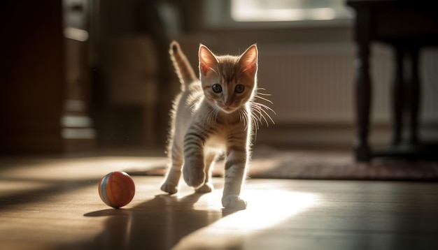 Leuk kitten dat met speelgoed speelt en naar de camera kijkt met pluizige vacht gegenereerd door kunstmatige intelligentie