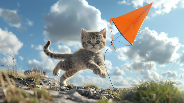 Foto leuk kitten dat op een zonnige dag met een oranje vlieger in een veld speelt