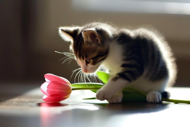 Foto leuk kitten dat op tafel zit en met een roze tulp speelt.