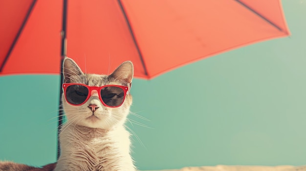 Leuk kitten met een bril onder een paraplu op het strand.