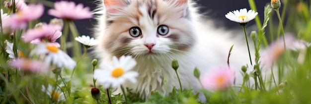 Foto leuk kitten op het groene gazon met bloemen