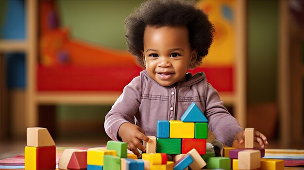 Foto leuk klein afro-amerikaans kind dat met houten blokken speelt in het huis.