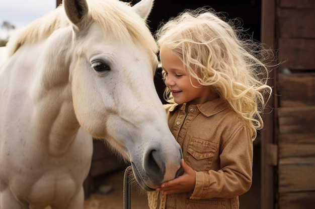 Leuk klein blond meisje met paard op de ranch.