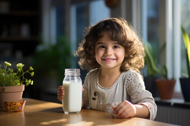 Leuk klein Indiaans meisje drinkt melk in een glas gelukkige uitdrukkingen