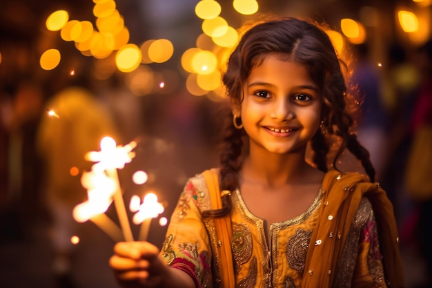 Leuk klein Indiase meisje in traditionele kleding met een diya of Terracotta olie lamp op Diwali fe