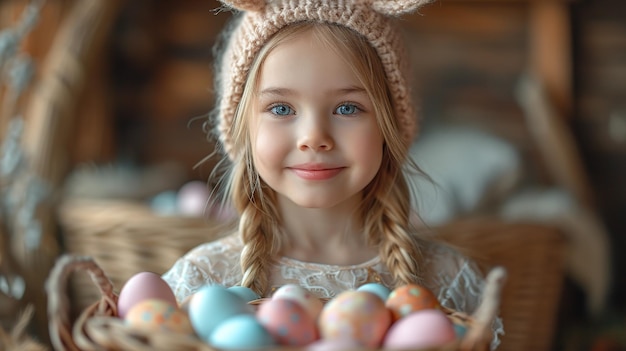 Leuk klein kind met konijnenoren op Pasen Dag Meisje met een mandje met geschilderde eieren