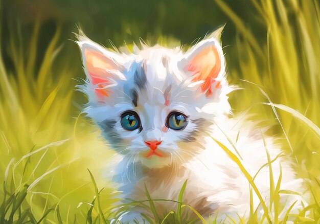 Leuk klein kitten dat op een zonnige dag in het gras zit.