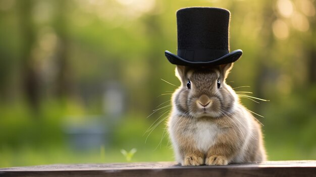 Foto leuk klein konijn in een hoeden hoed op een houten achtergrond.
