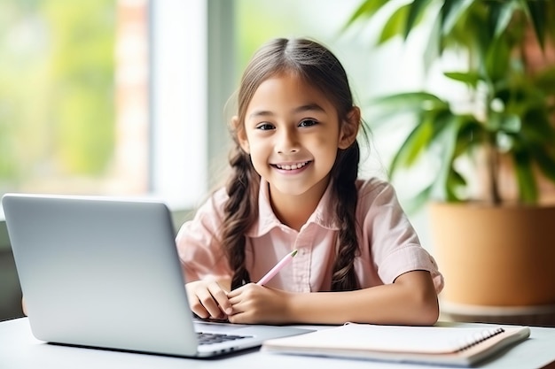 Leuk klein meisje dat thuis een laptop gebruikt Onderwijs online studeren thuis studeren op afstand