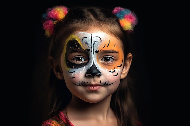 Leuk klein meisje met geschilderd gezicht geïsoleerd op donkere studio achtergrond