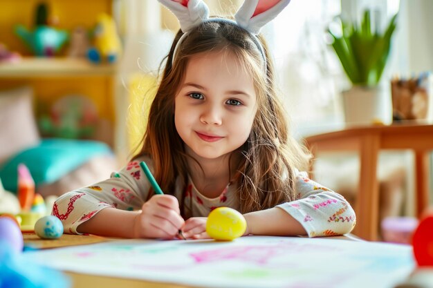 Leuk klein meisje met konijnenoren tekent een paaskaart.
