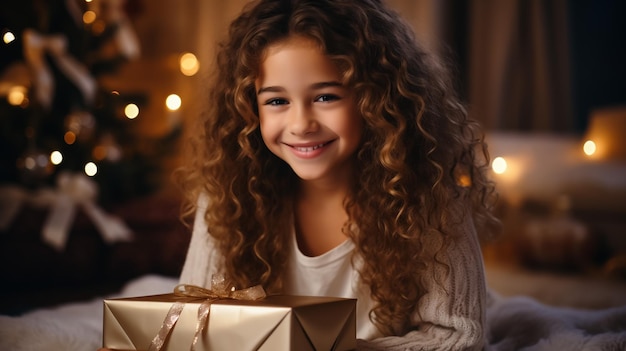 Leuk klein meisje voor de nieuwjaarsvakantie met kerstlampen.