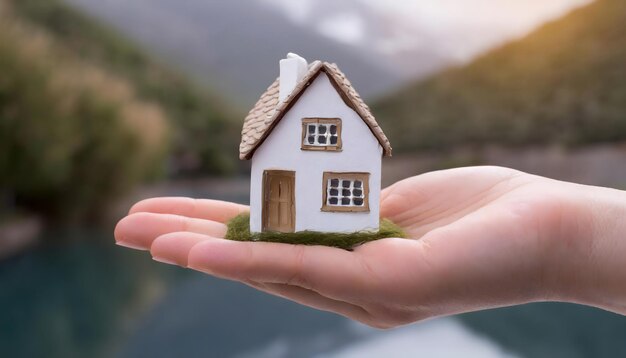 Leuk klein mock-up huis op vrouwelijke hand op landschap achtergrond