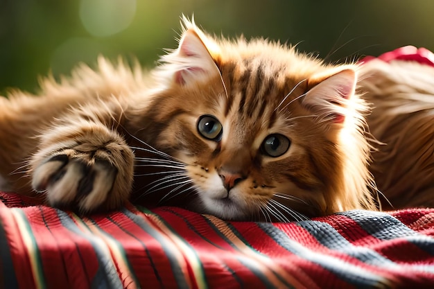 Leuk klein rood katje slaapt op een bontwitte deken kitten slaapt op een grijze geruite wollen deken met