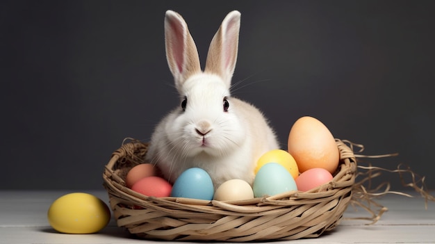 Leuk konijn en kleurrijk geschilderde paaseieren Concept gelukkige dag van Pasen