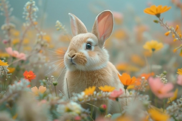 Leuk konijn in voorjaarsbloemen. Gelukkig Pasen.