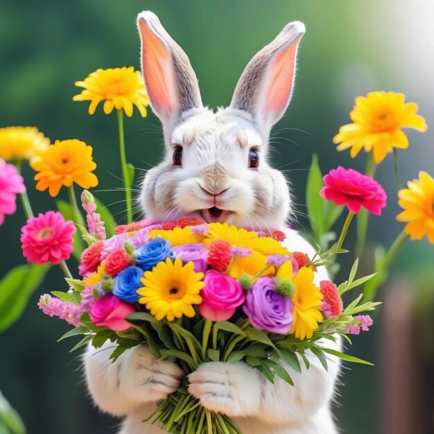 Foto leuk konijn met een kleurrijke bloem.