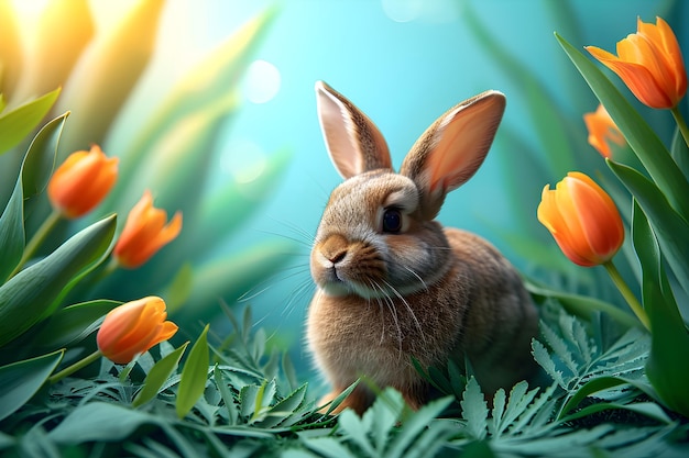 Leuk konijn met tulpenbloemen Konijn op een zonnig veld Grappig huisdier Gelukkig Pasen