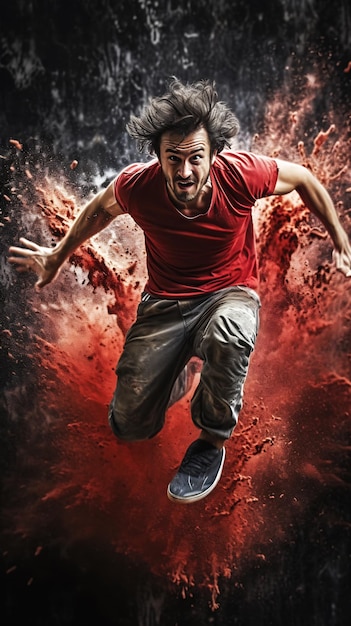 leuk man rood shirt springen lucht skateboard film close-up motor loopt naar professionele status