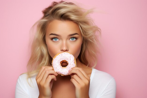 Leuk meisje blond mooi jong meisje in een wit netjes shirt denkt aan het eten van een donut