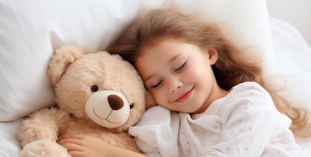 Leuk meisje dat met een teddybeer in bed slaapt.