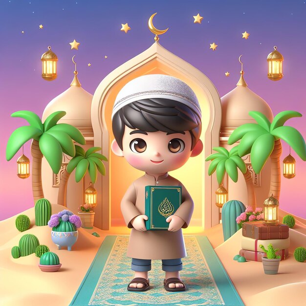 Leuk meisje en jongen 3D personage Moslim vieren Eid Mubarak Cartoon Illustratie Mensen Religie