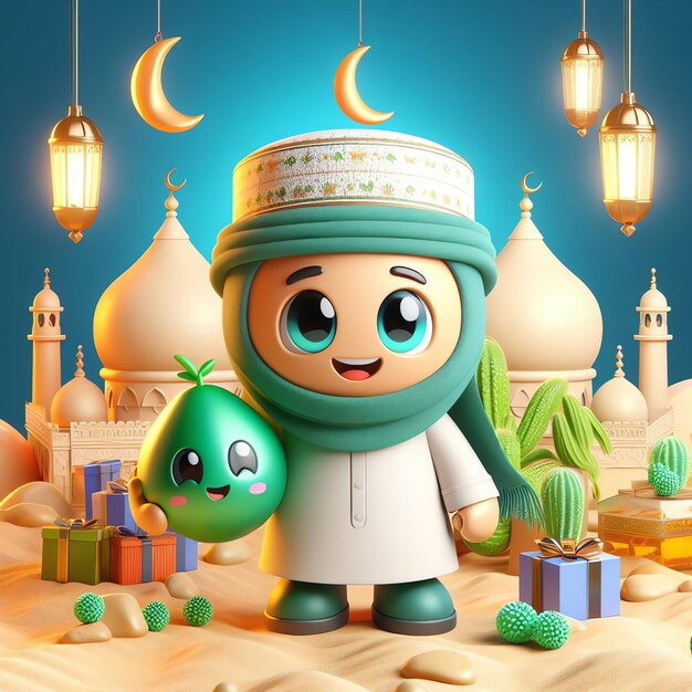 Foto leuk meisje en jongen 3d personage moslim vieren eid mubarak cartoon illustratie mensen religie