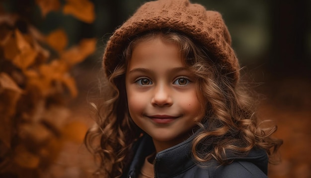 Leuk meisje glimlacht naar de camera in het herfstbos gegenereerd door kunstmatige intelligentie