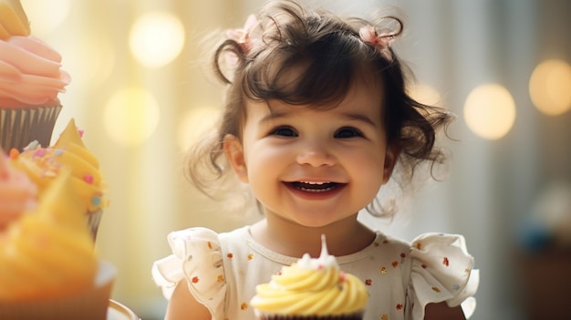 Leuk meisje glimlacht terwijl ze zoete cupcake binnen eet.