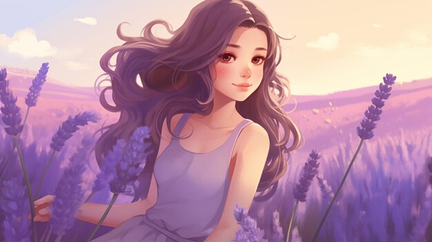 Leuk meisje in een lavendelveld Kinderen illustratie
