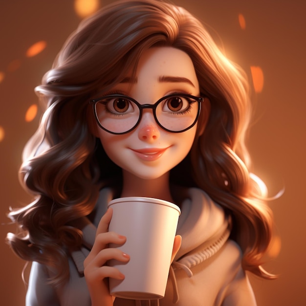 Leuk meisje met bruin haar met een bril met een papieren kop koffie.