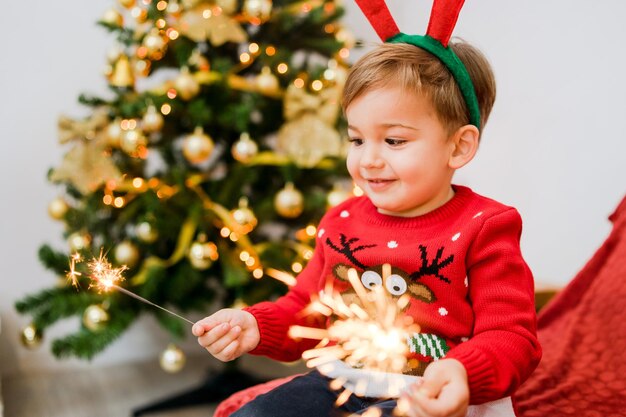 Foto leuk meisje met een kerstboom.